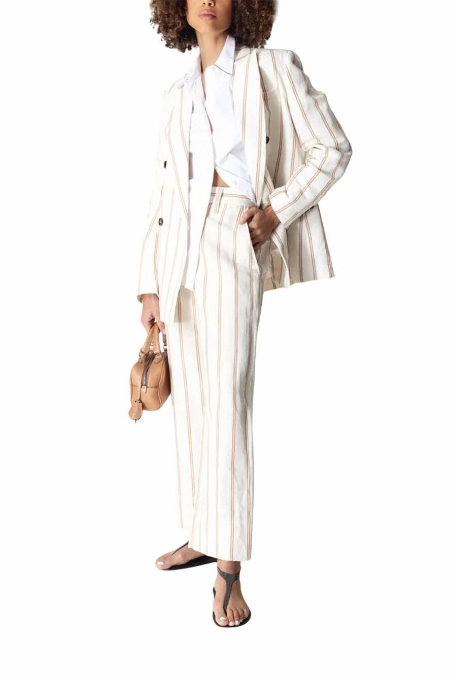 NEW BRUNELLO CUCINELLI women's double-breasted striped blend blazer in panama